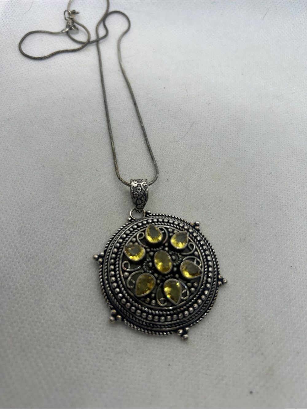 Vintage silver tone circle Pendant with citrine gems